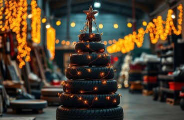 Fototapeta premium Creative tire Christmas tree glows with fairy lights in a workshop. Unique decoration during festive season. Recycled tires create sustainable holiday spirit. Industrial setting adds unique touch.