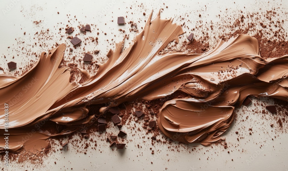 Poster abstract chocolate brushstrokes over a mocha mousse canvas, enriched with powdered cocoa and scatter