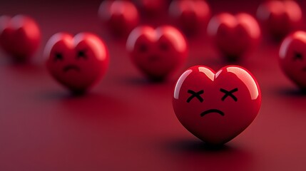 Broken heart emojis floating on a deep maroon background with a somber tone.