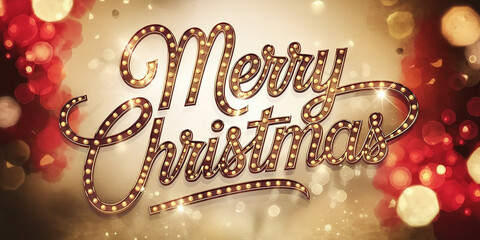 Merry Christmas typography in gold calligraphy with glowing highlights, set against a warm blurred bokeh background in red and gold tones. Perfect for festive holiday designs.

