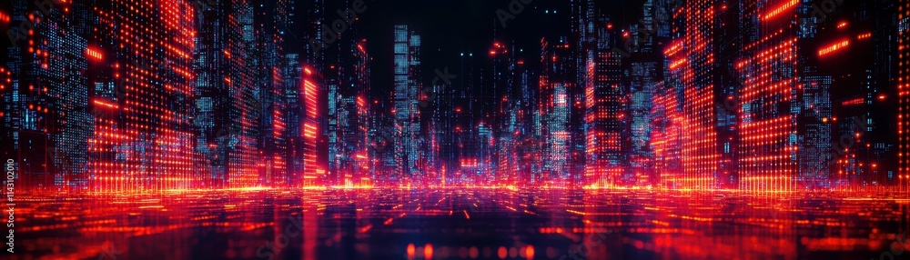 Poster neon cityscape with glowing lights and digital effect creating a futuristic atmosphere in red and bl