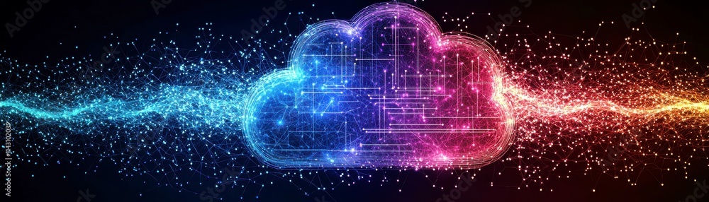 Poster colorful digital cloud computing concept with vibrant particles, data lines, and abstract technology