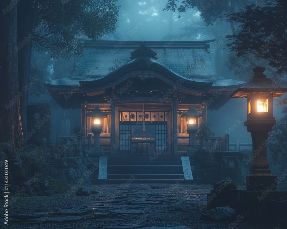 Poster Serene temple illuminated by lanterns during early morning fog in a tranquil forest setting