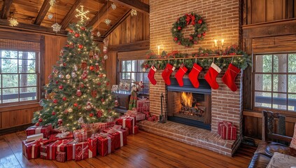 Cozy holiday retreat with festive tree and warm fireplace ambiance