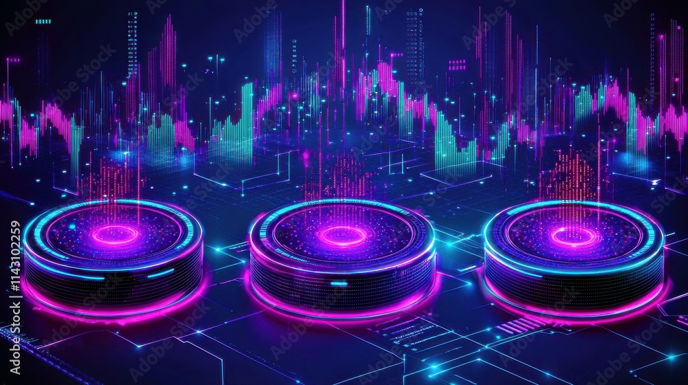 Poster futuristic data visualization with neon circles and abstract graphs in digital environment represent
