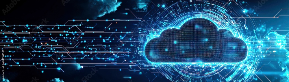 Poster futuristic digital cloud technology concept with data streams and blue glowing elements representing