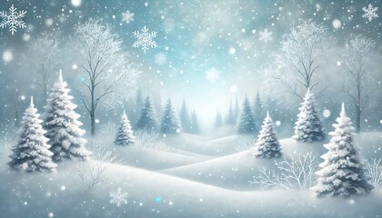 Design snowy winter landscape background with frosted trees, gently falling snowflakes, and serene pale blue sky for holiday decor using Generative AI