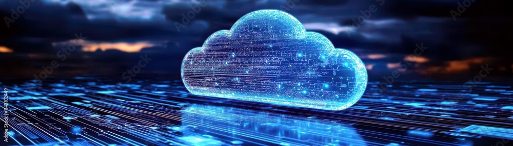 Poster digital cloud concept with glowing network data transmission in modern technology, representing data