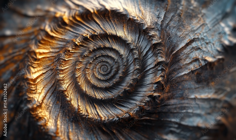 Poster abstract shot of a spiral shell, fine details in its ridges and curves highlighted.