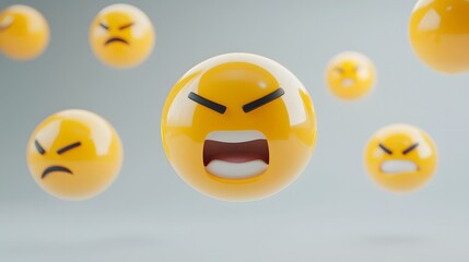 Fototapeta premium Grimacing face emojis floating on a light grey background with muted tones.