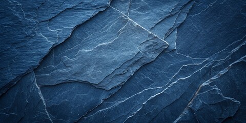 Dark blue slate rock texture background with rough and cracked stone layers, creating a natural, rough surface. Abstract design.