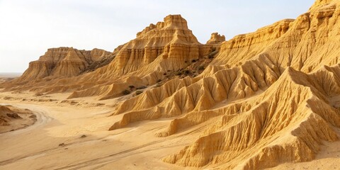 Golden sand cliffs featuring textured waves and layered formations, resembling an arid desert landscape with fine details. Isolated on transparent background