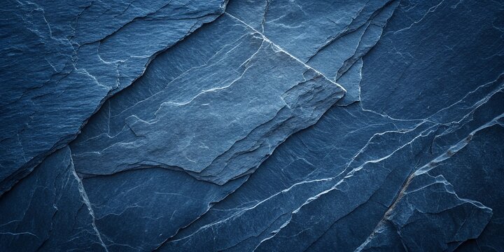 Dark blue slate rock texture background with rough and cracked stone layers, creating a natural, rough surface. Abstract design.