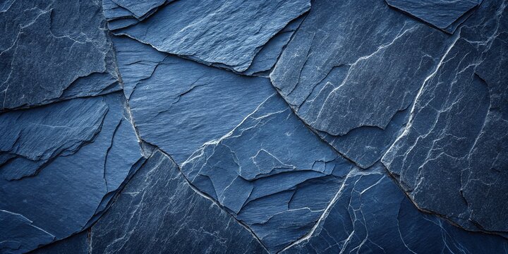 Dark blue slate rock texture background with rough and cracked stone layers, creating a natural, rough surface. Abstract design.