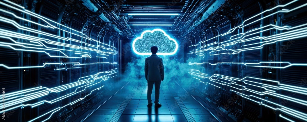 Poster futuristic cloud computing concept with silhouette against neon circuit background in tech environme
