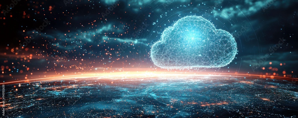 Poster futuristic cloud technology over earth with digital connections and data flow illustrating network c