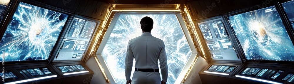 Poster futuristic space explorer gazes into cosmic vortex with advanced technology displays and high-tech c