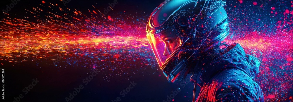 Poster futuristic rider in neon helmet with colorful light trails and dynamic motion blurring effects captu