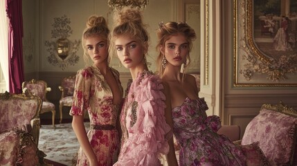 Obraz premium Three women in floral gowns, ornate interior.