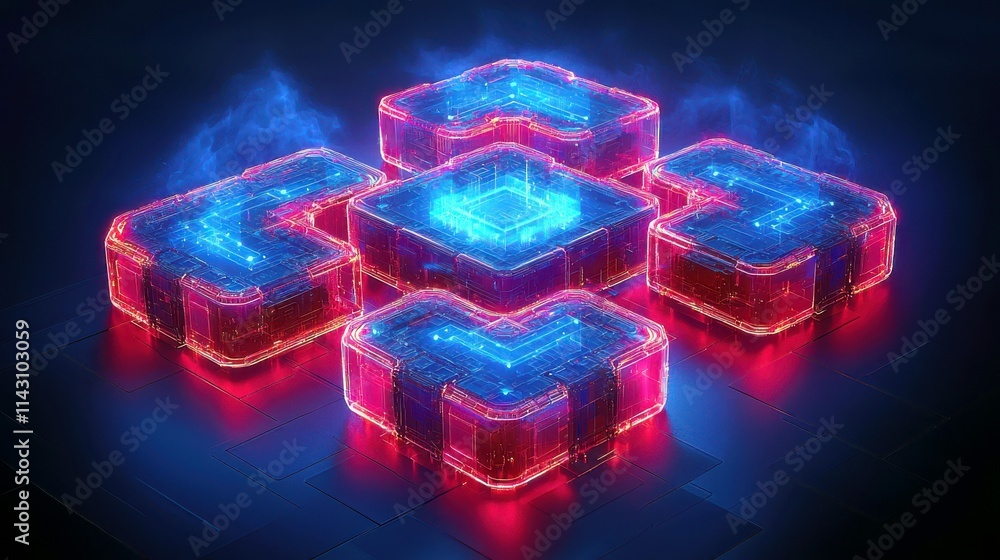 Poster futuristic digital structures with neon blue and red effects illuminating a dark background for tech