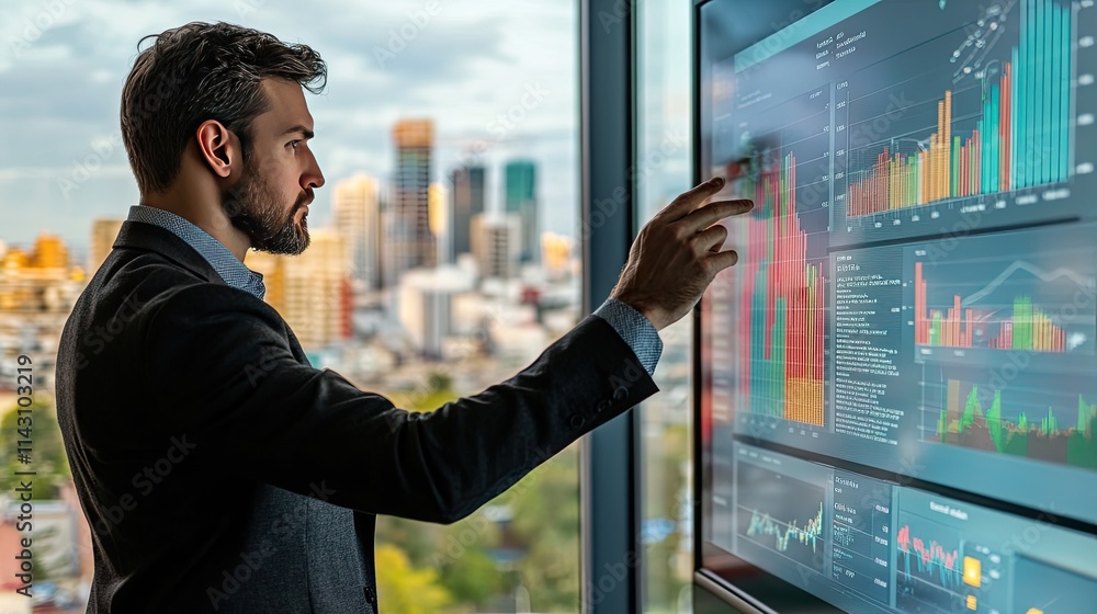 Poster businessman analyzing data: a professional businessman in a suit examines a large screen displaying 