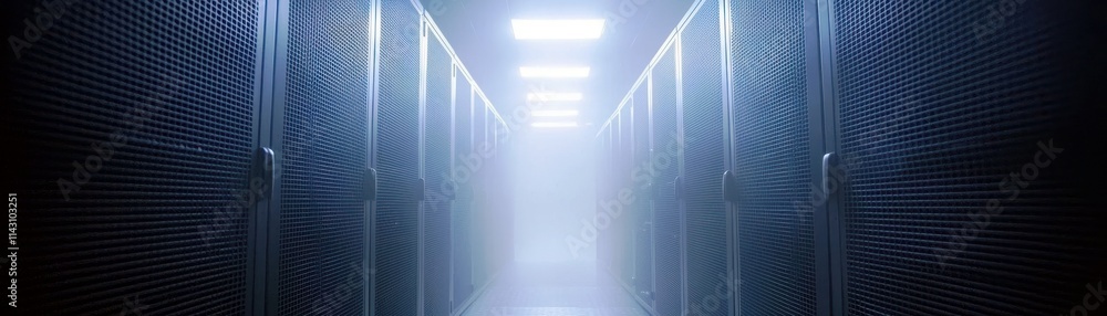Poster dimly lit data center corridor with server racks and fog for technology and cybersecurity themes