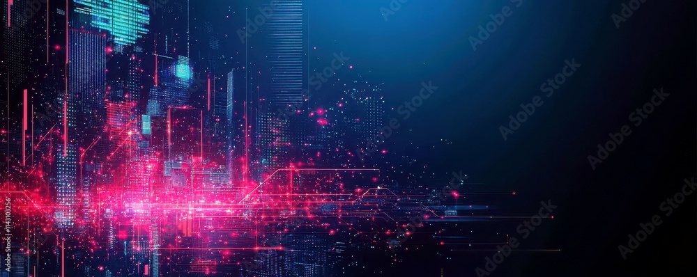 Poster abstract digital background with vibrant red and blue lights showcasing data connection, technology 