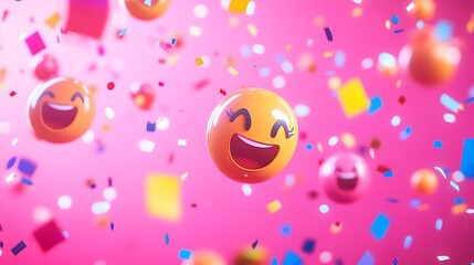 Party popper emojis with confetti and sparkles floating on a neon pink background.