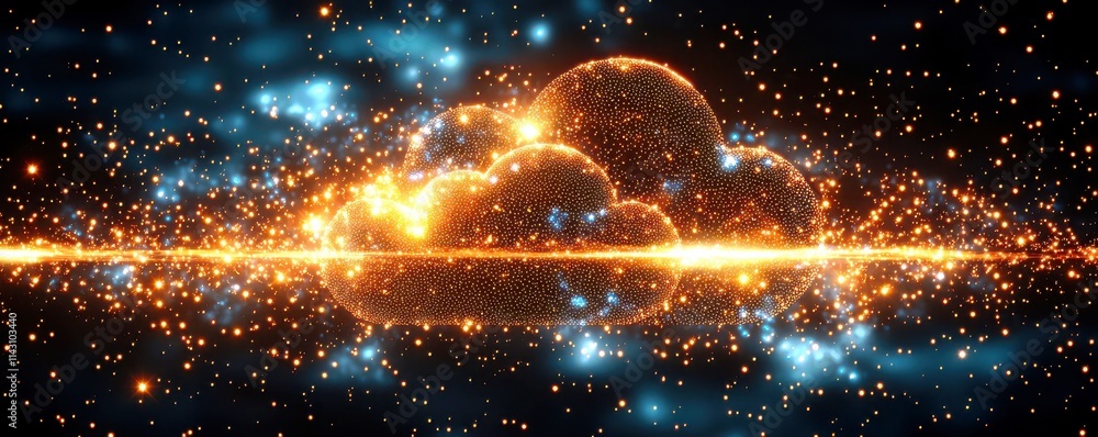 Poster glowing cloud with sparkling particles in a cosmic background, representing mystical elements and im