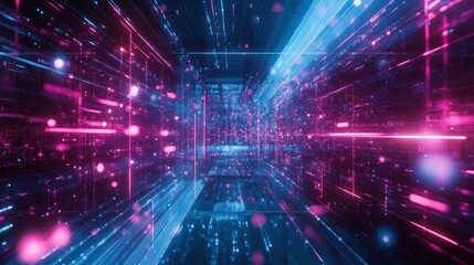 Abstract digital tunnel with glowing pink and blue lines and particles.