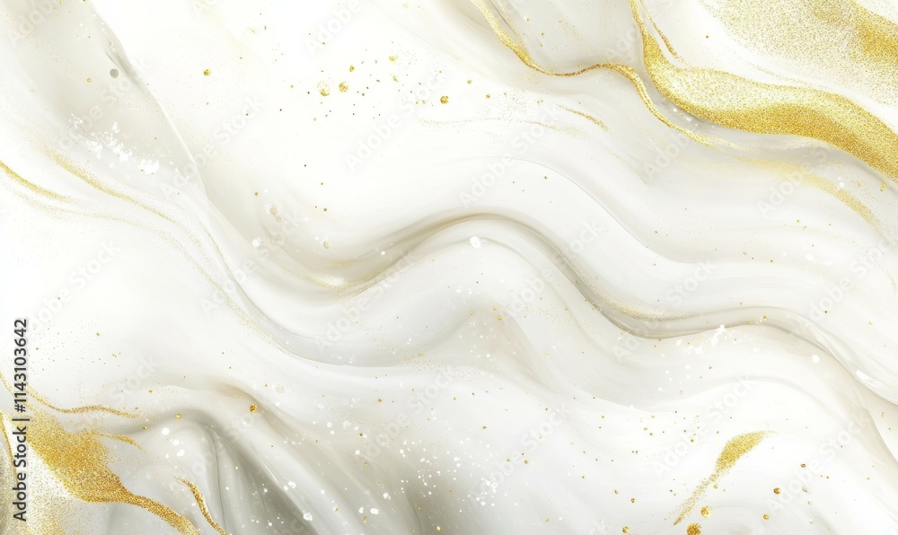 Wall mural Beautiful White and Pastel Liquid Swirls with Gold Glitter. Luxurious Acrylic Pour Background.