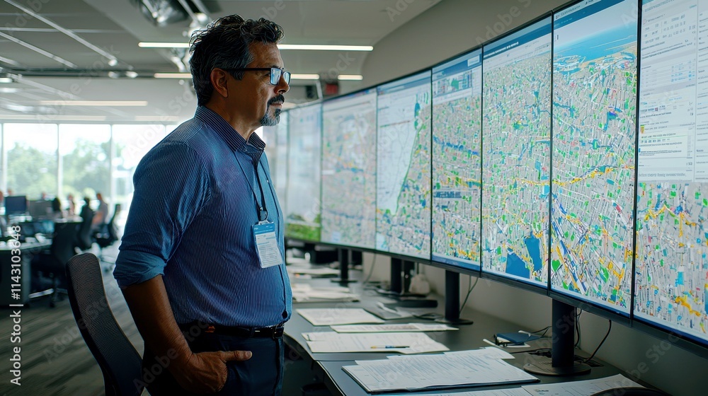 Aufkleber business professional analyzing detailed maps on multiple large screens in a modern office setting w