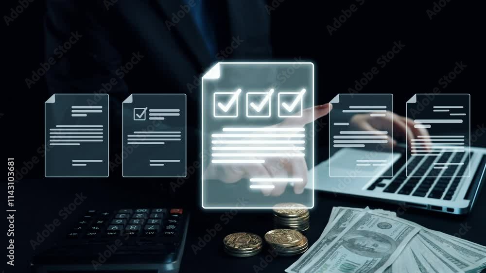 Poster business person managing online documents for efficient work processes. ensure secure and quick acce