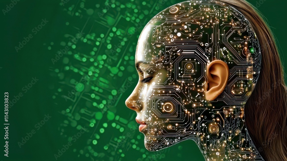 Poster futuristic profile of a woman with digital circuitry and green background representing technology an