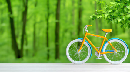 Fototapeta premium Brightly colored bicycle parked in lush green forest setting, showcasing vibrant nature