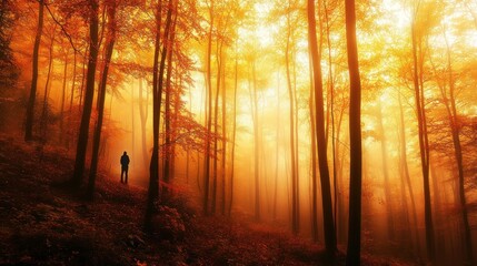 Fototapeta premium Solitary figure in a mystical autumn forest bathed in golden sunlight and fog.