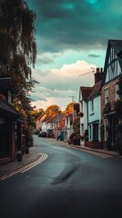 Naklejka premium Charming streets of a small town in eastern UK under dramatic clouds