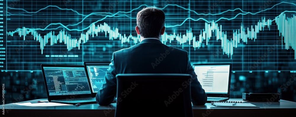 Poster business analyst monitoring financial market trends with multiple screens and data visualizations in