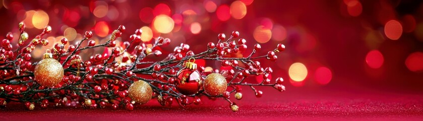 Obraz premium Elegant Christmas Decoration with Red and Gold Ornaments Against a Blurred Background of Warm Holiday Lights and Bokeh Effect for Festive Atmosphere