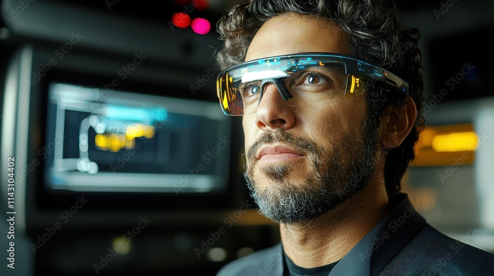 Poster professional man wearing smart glasses in a modern tech environment with advanced data visualization