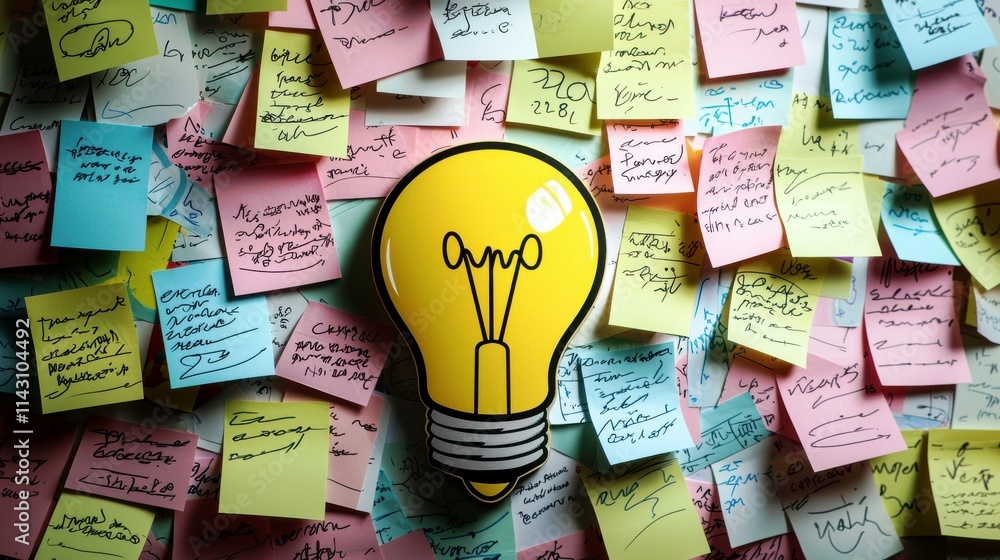 Poster bright yellow light bulb icon surrounded by colorful sticky notes filled with handwritten notes and 
