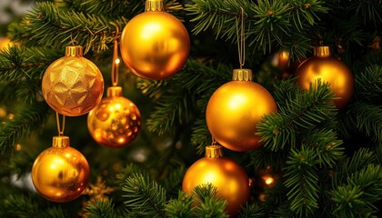 Fototapeta premium Golden Christmas ornaments on evergreen tree. Festive holiday decorations adorn branches. Winter season celebration. Perfect image for holiday card design, gift wrapping ideas. Christmas tree