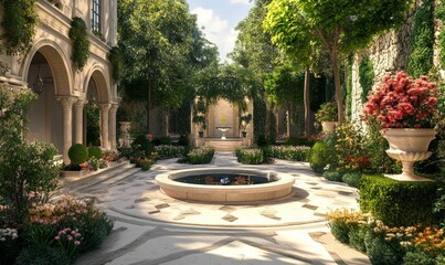 Sunlit courtyard garden with fountains, stonework, and abundant flowers.