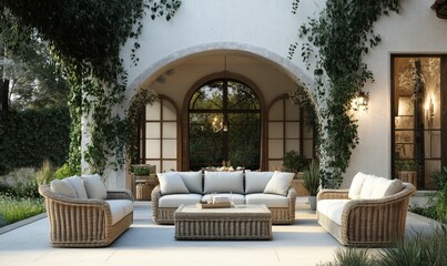 Fototapeta premium Wicker patio furniture on a stone terrace, arched entry.
