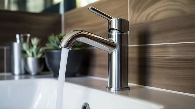 Modern chrome faucet with running water in bathroom interior with wooden decor. The concept of water overconsumption, hot water problems