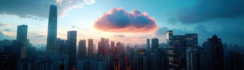 Fototapeta premium Serene Urban Landscape at Dusk with Dramatic Cloud Formation Casting Shadows Over Skyscrapers in Vibrant City Skyline