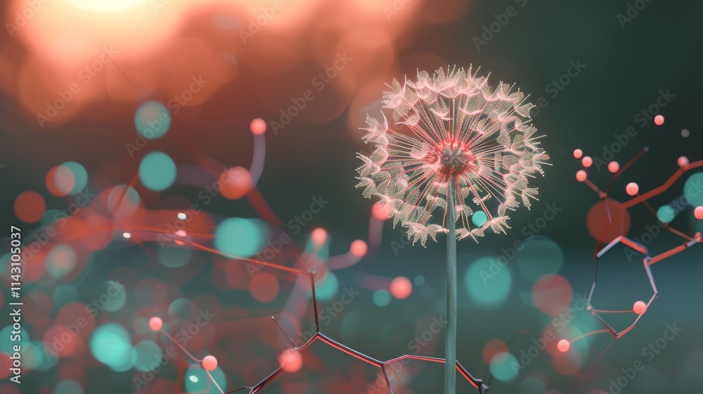 Poster a digital depiction of a dandelion intertwined with a molecular network overlay, featuring vibrant b