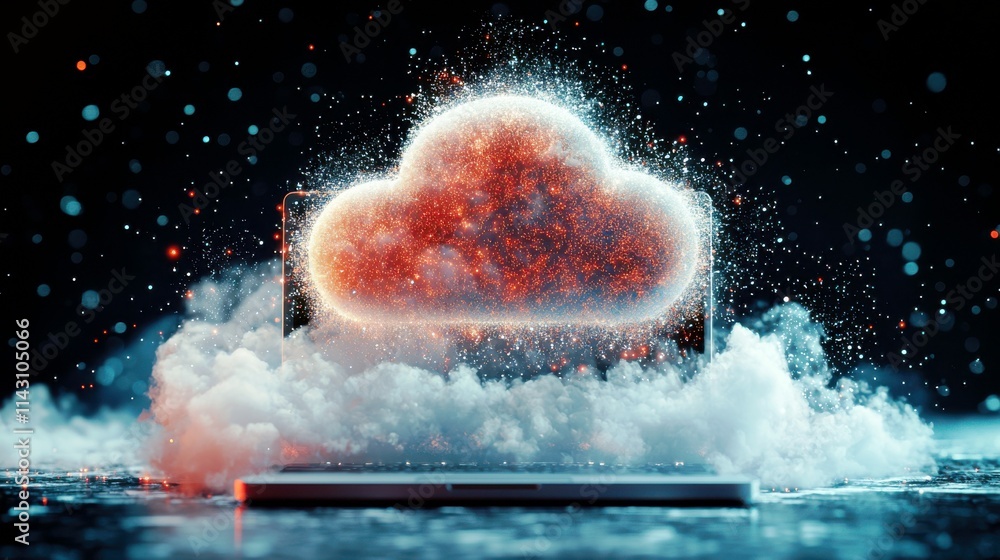 Poster digital cloud computing concept with particles and vibrant colors emerging from a laptop in a futuri