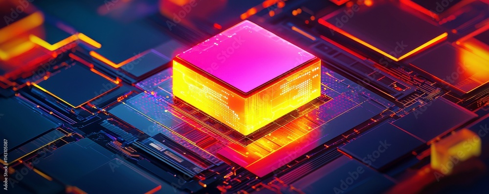 Poster abstract digital illustration of a vibrant microchip surrounded by interconnected circuits glowing w