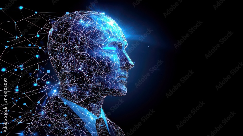 Poster digital representation of a human form composed of glowing lines and dots, symbolizing artificial in